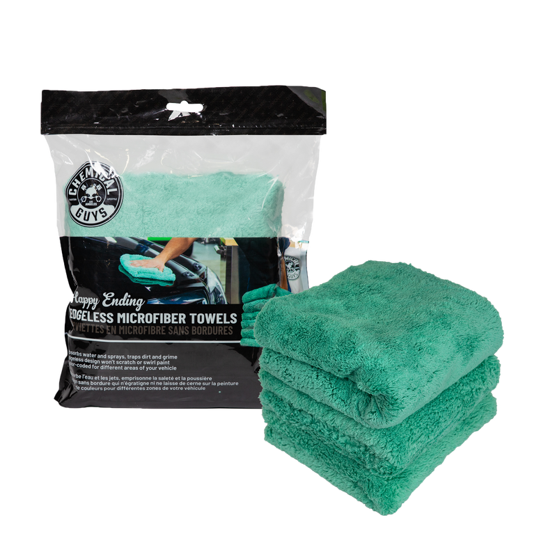 Chemical Guys Happy Ending Ultra Edgeless Microfiber Towel - 16in x 16in - Green - 3 Pack