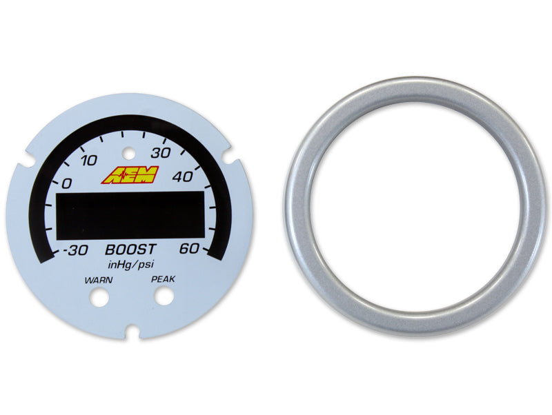 AEM X-Series Boost Pressure Gauge Accessory Kit Includes Silver Bezel And White Faceplate -30inHg 60psi