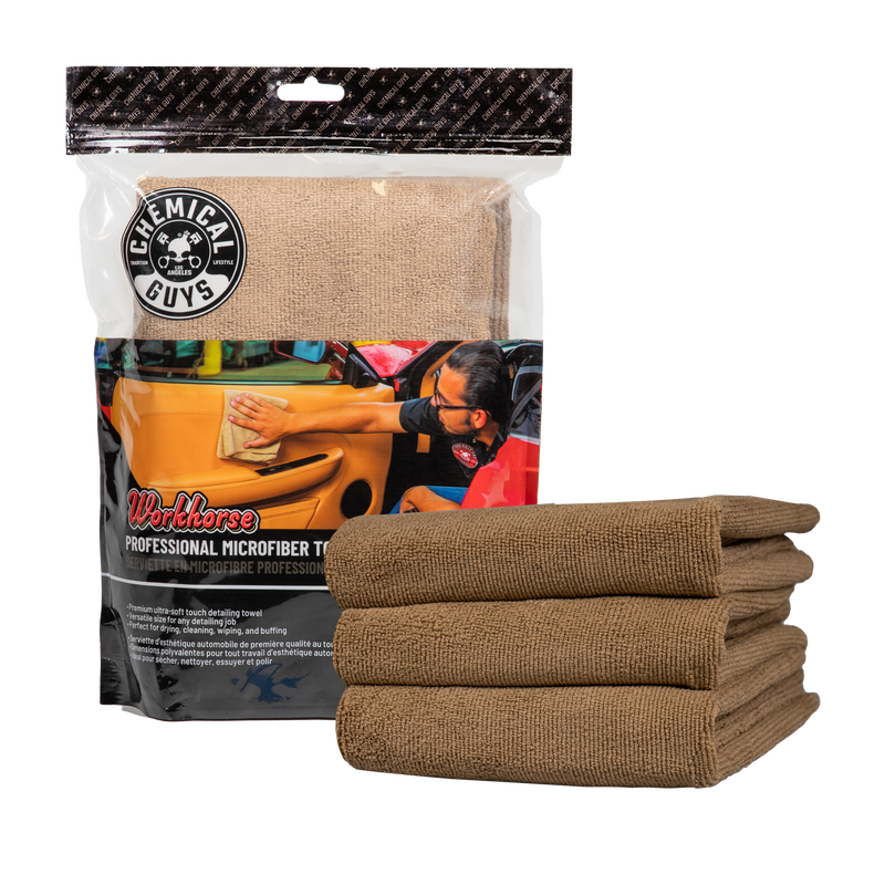 Chemical Guys Workhorse Professional Microfiber Towel - 16in x 16in - Tan - 3 Pack