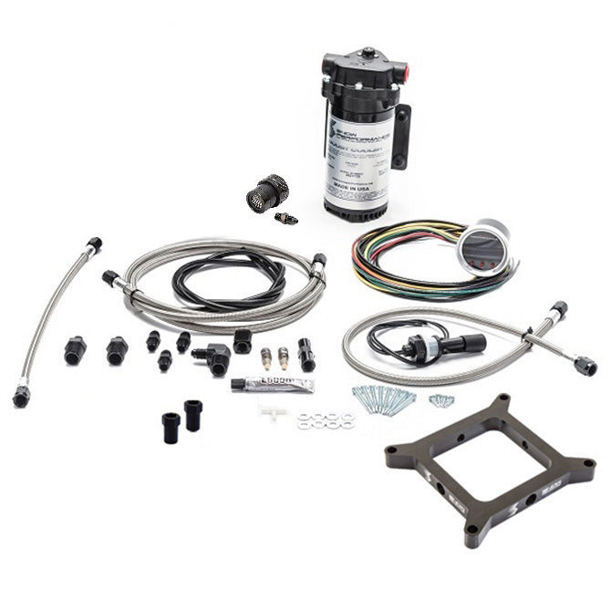 Snow Performance Stage 2.5 Boost Cooler, Carb 4150 Flange, Forced Induction Progressive Water-Methanol Injection Kit (Stainless Steel Braided Line, 4AN Fittings) - No Tank
