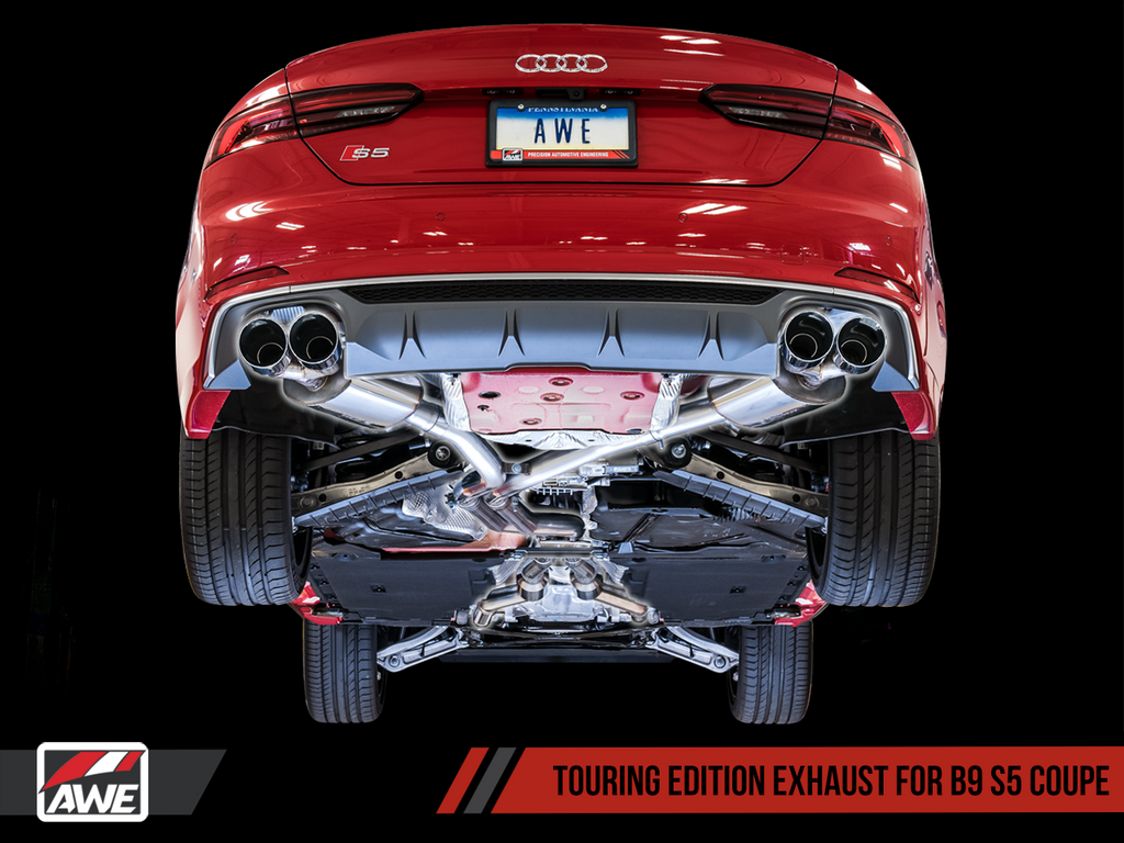 AWE Tuning Audi B9 S5 Coupe 3.0T Touring Exhaust (Resonated for Perf. DP) 90mm - Diamond Blk Tips