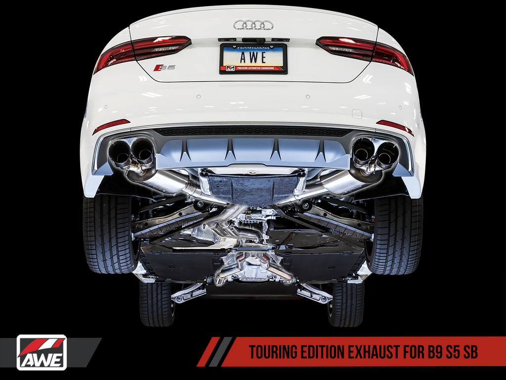 AWE Tuning Touring Edition Exhaust for B9 S5 Sportback - Resonated for Performance Catalyst - Diamond Black 102mm Tips