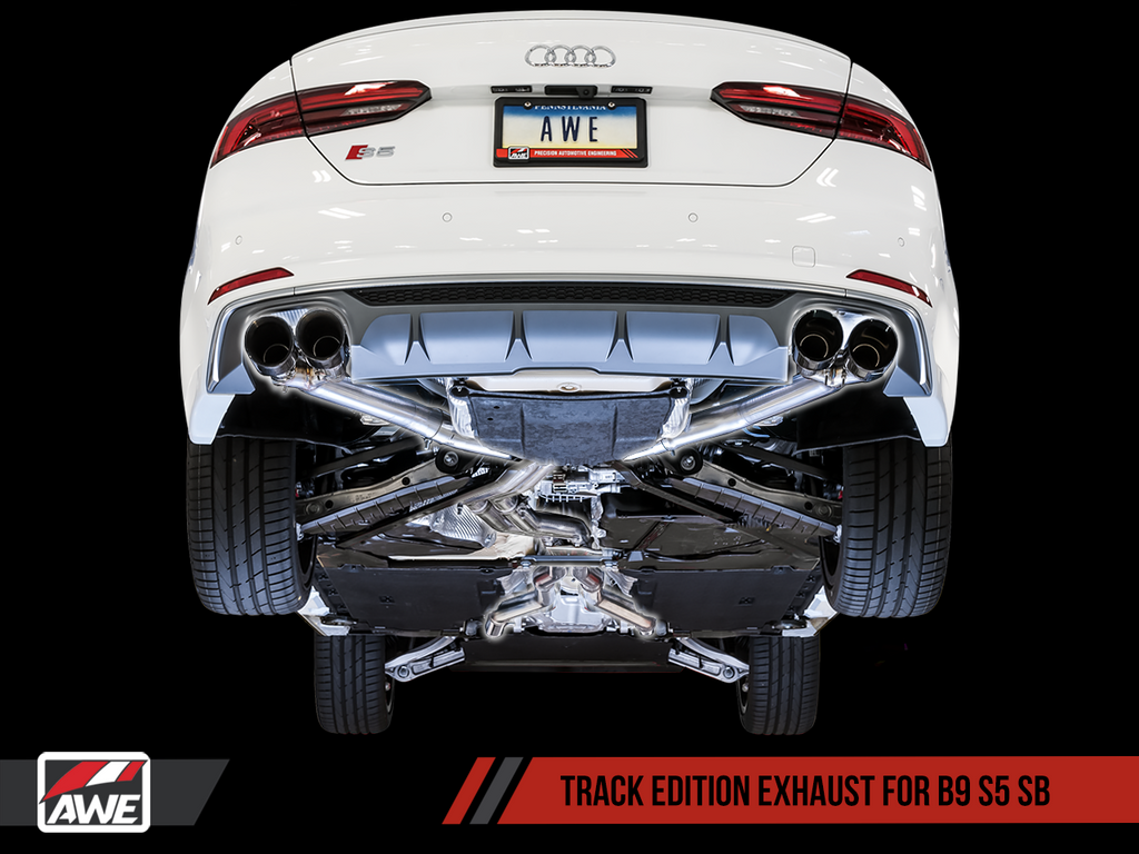 AWE Tuning Audi B9 S5 Sportback 3.0T Track Exhaust (Res. for Perf. DP) 90mm - Chrome Silver Tips